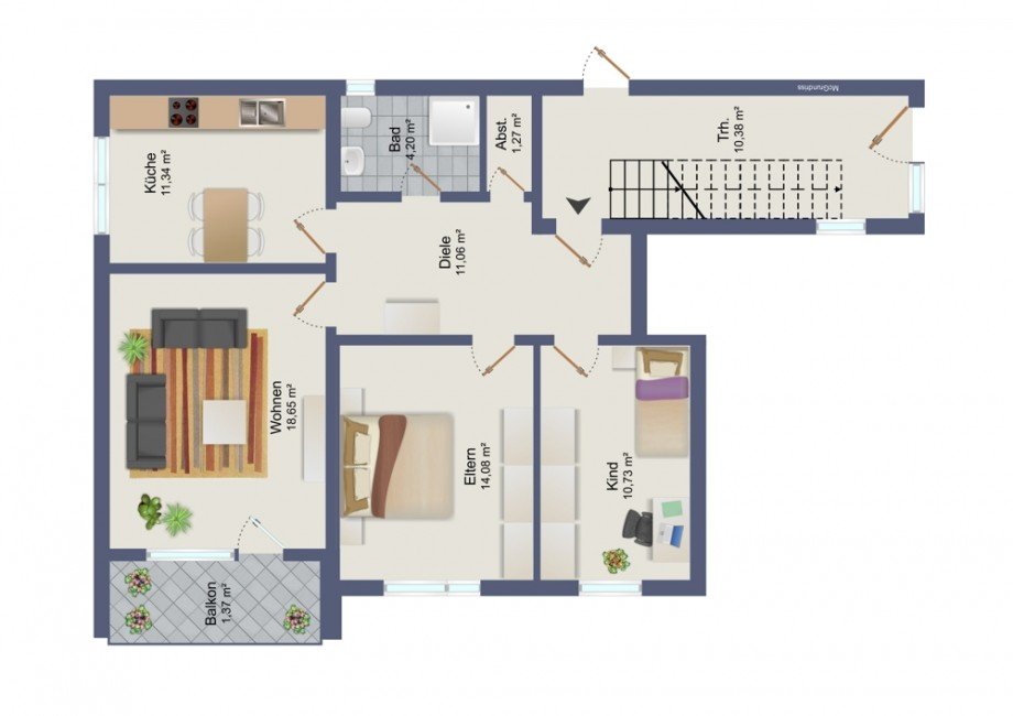 Grundriss Wohnung 1.OG li. hi. Etagenwohnung Niederzier / Krauthausen